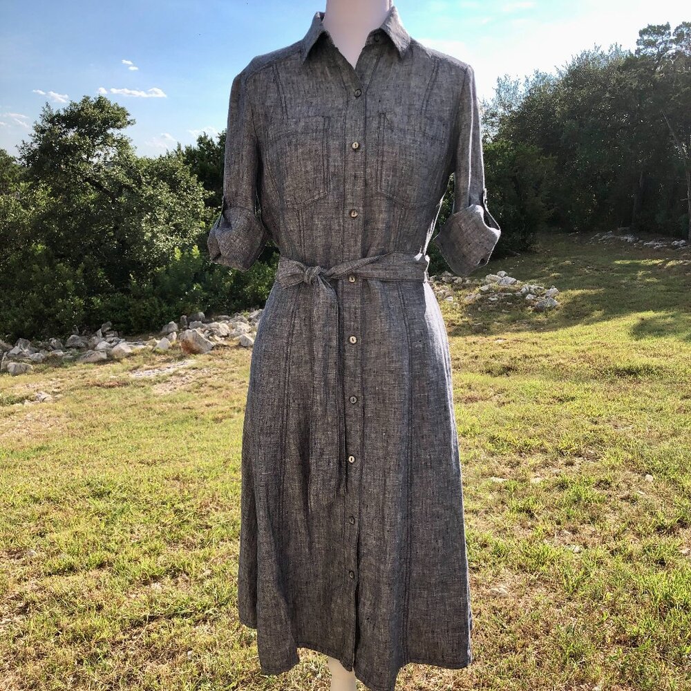 Max Studio Grey-Blue Button-Down Dress Tie Waist Long Sleeve Midi Womens XS Fall